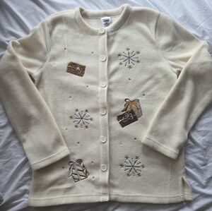 Fleece Cardigan with Festive Silver And Gold Embroidery